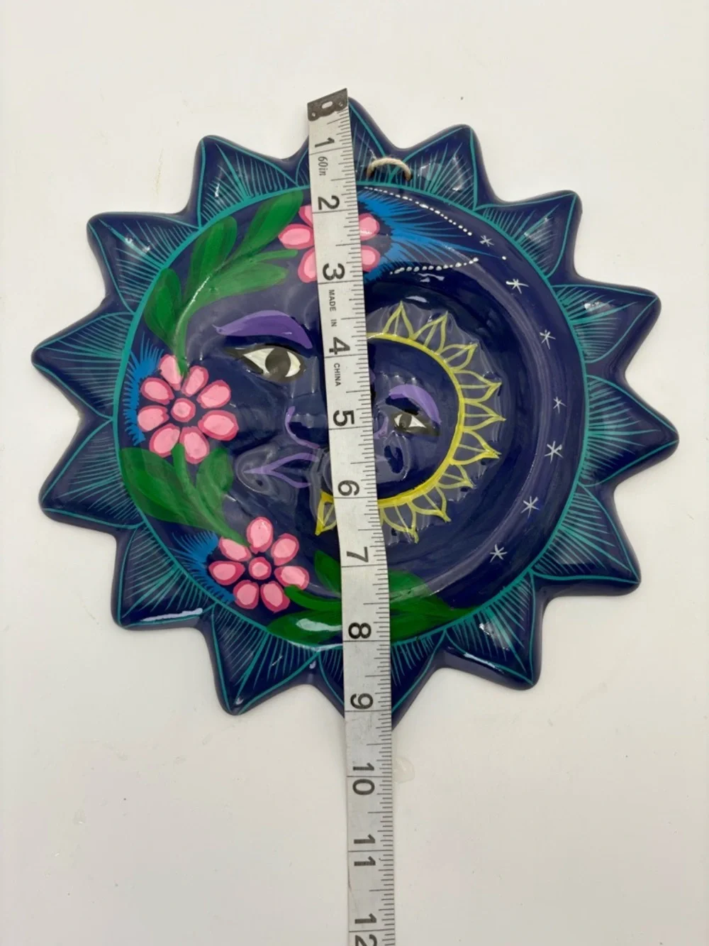 Hand-Painted Terracotta Sun & Moon Wall Plaque - Deep Blue with Pink Flowers